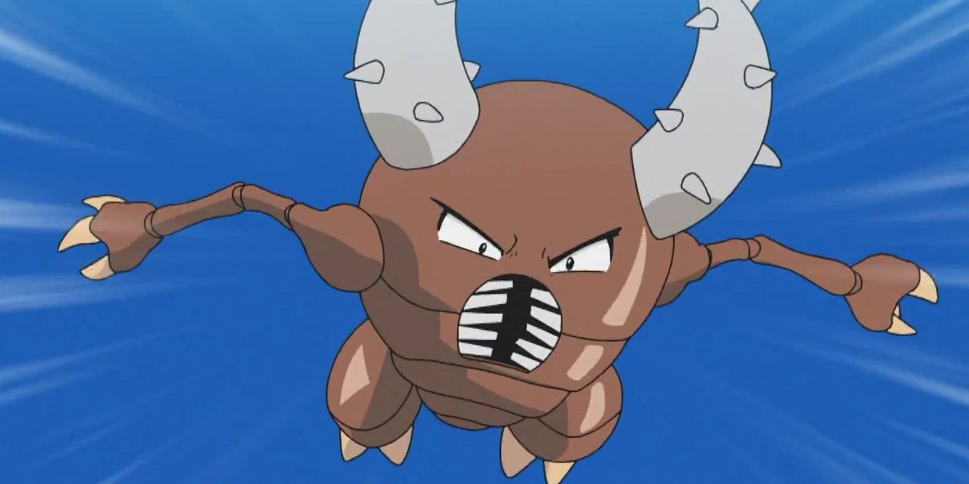 Pinsir looking confused as it tries to attack in the Pokemon anime.