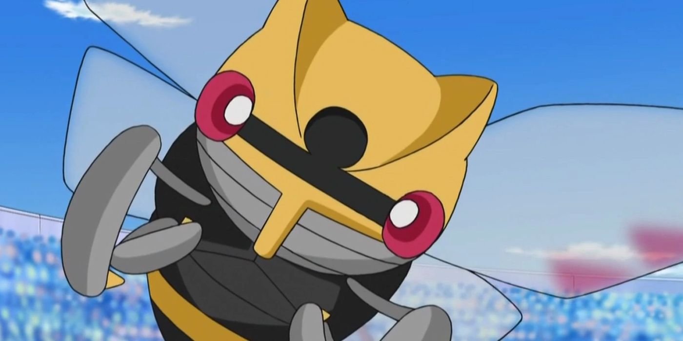 Ninjask looking with wide-eyes as it floats in the air in the Pokemon anime.