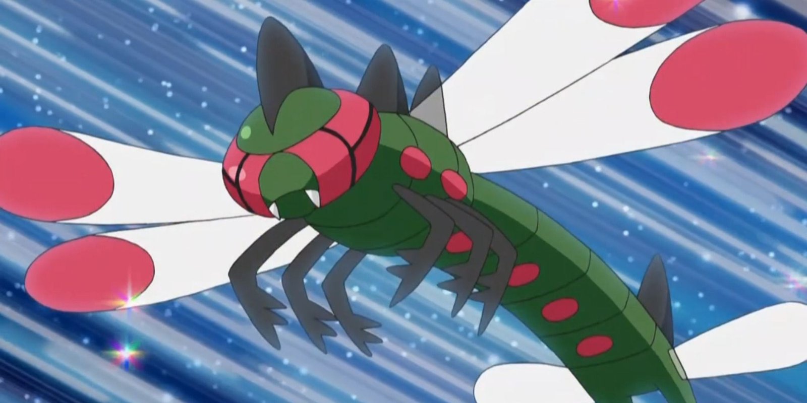 Yanmega flying rapidly through a blue sky in the Pokemon anime.