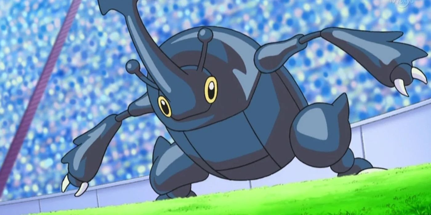 Heracross prepares to attack in the Pokemon anime.