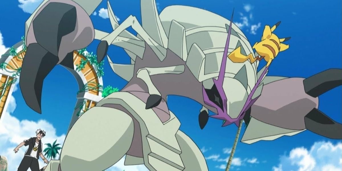 Golisopod prepping to attack in the Pokemon anime.