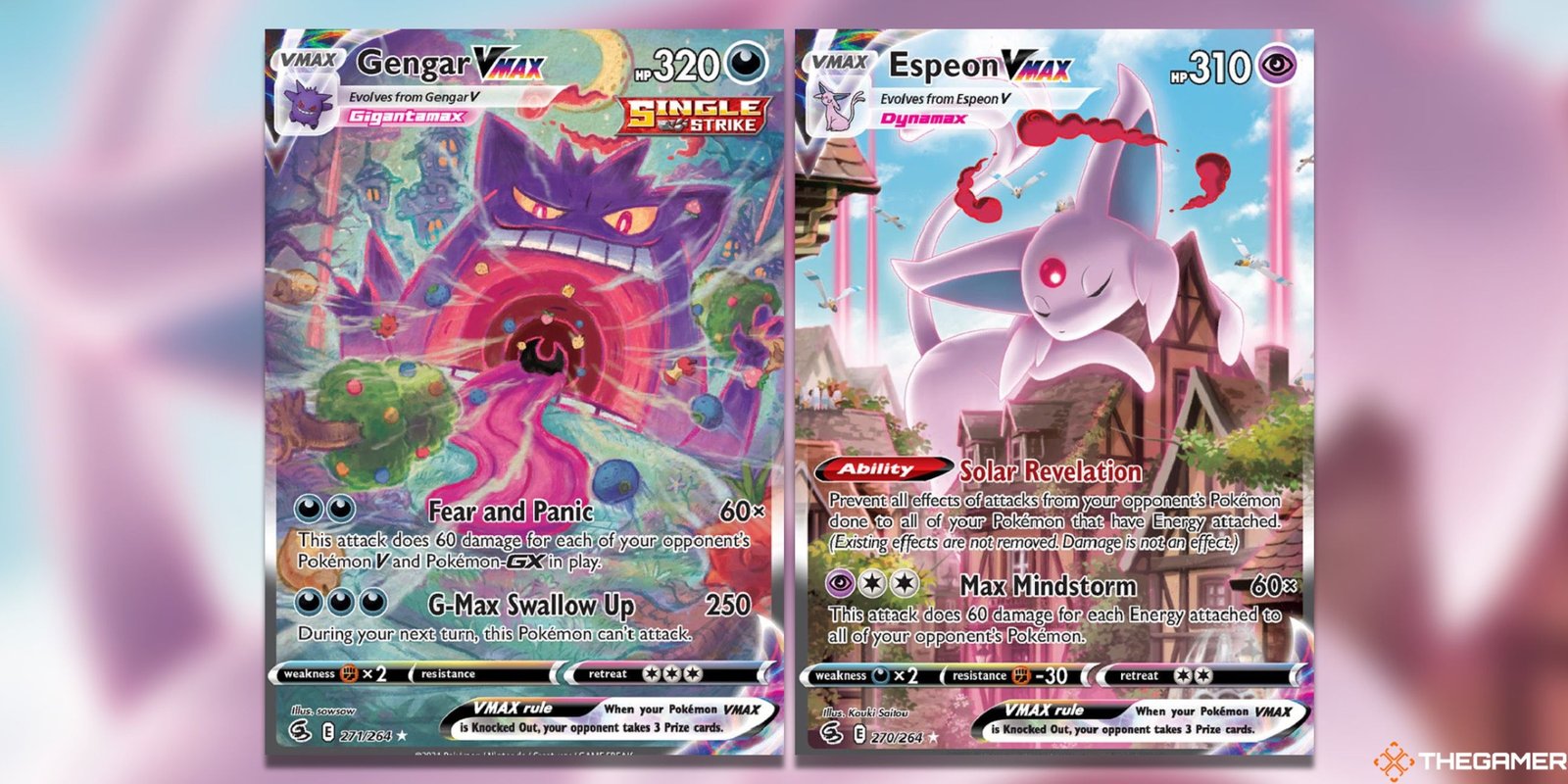 The Gengar VMAX and Espeon VMAX from Fusion Strike in the Pokemon TCG.