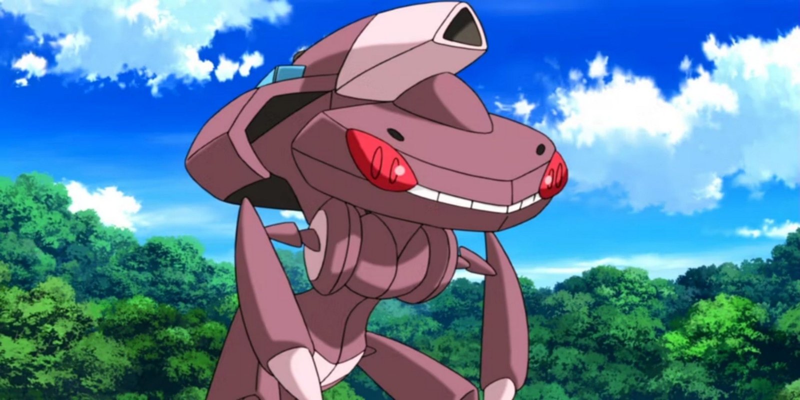 The Pokemon Genesect outside against trees and sky in the Pokemon anime.