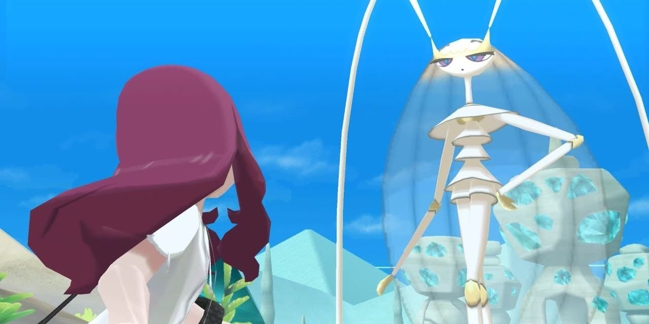 Pheromosa standing over a trainer in Pokemon Sun & Moon.