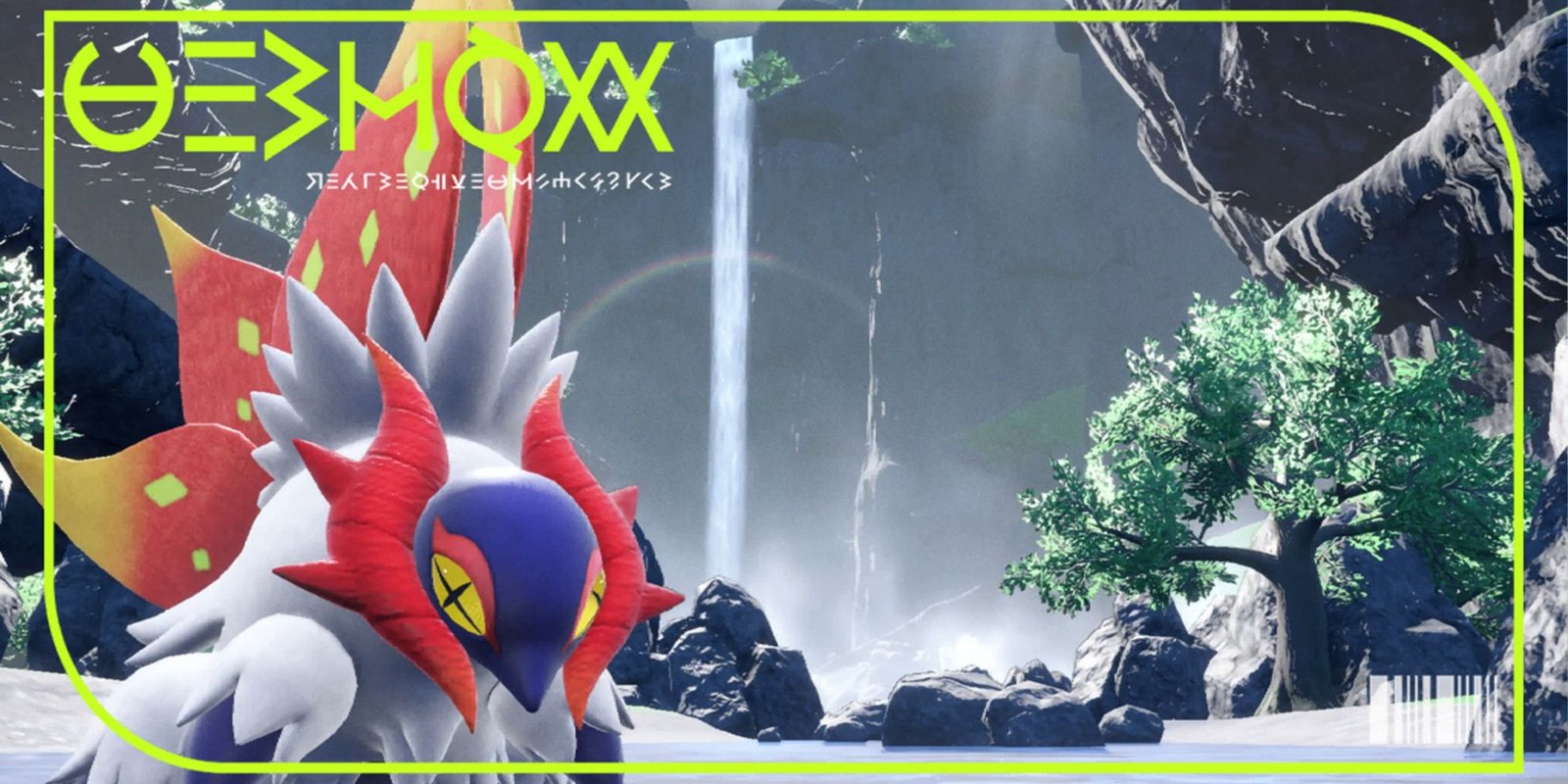 Slither Wing standing in area zero with a waterfall in the background in the pokedex picture from Pokemon Scarlet and Violet.