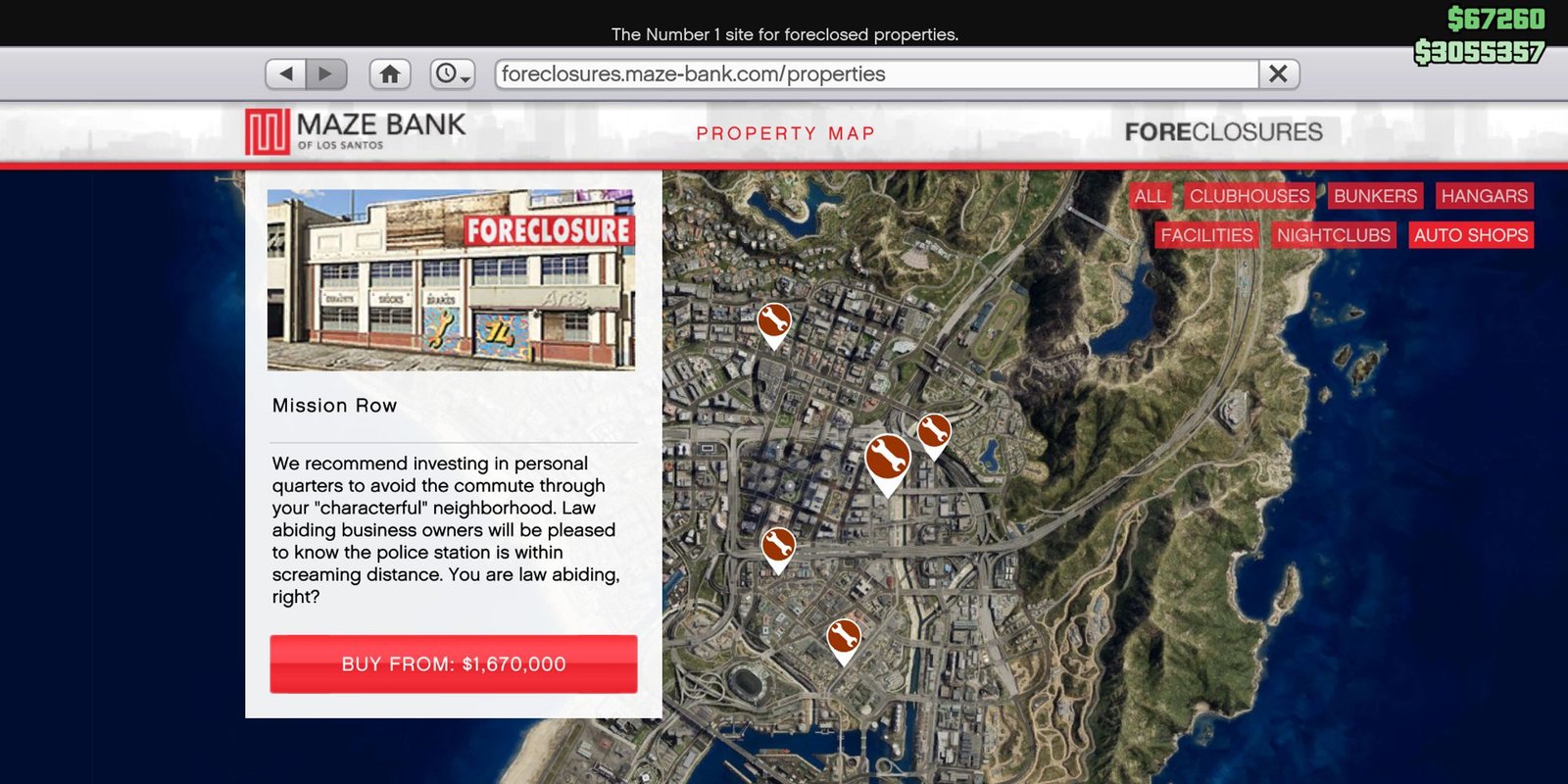 Image depicts a screenshot taken from Maze Bank Foreclosures in Grand Theft Auto Online, showing the location and price of the Mission Row Auto Shop. On the left is a white box showing what the location looks like, with the text 'Buy From ,670,000' in a red box underneath.