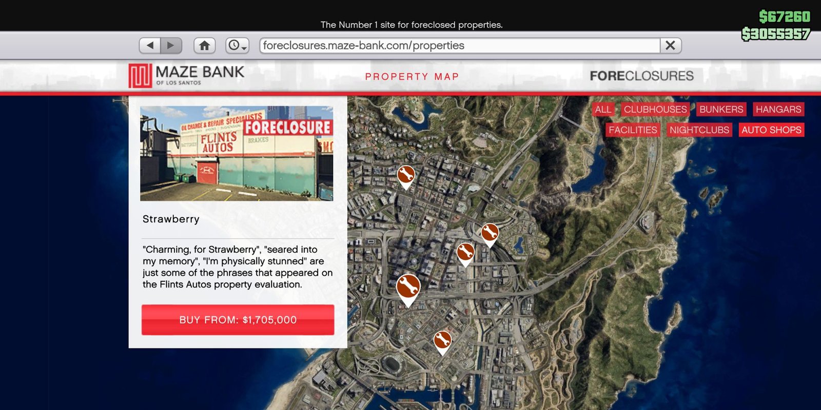 Image depicts a screenshot taken from Maze Bank Foreclosures in Grand Theft Auto Online, showing the location and price of the Strawberry Auto Shop. On the left is a white box showing what the location looks like, with the text 'Buy From ,705,000' in a red box underneath.