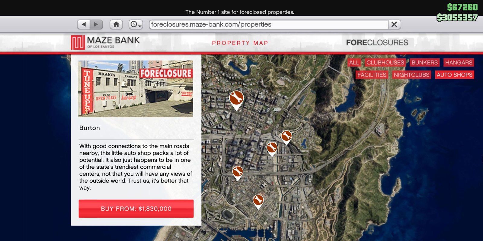 Image depicts a screenshot taken from Maze Bank Foreclosures in Grand Theft Auto Online, showing the location and price of the Burton Auto Shop. On the left is a white box showing what the location looks like, with the text 'Buy From ,830,000' in a red box underneath.