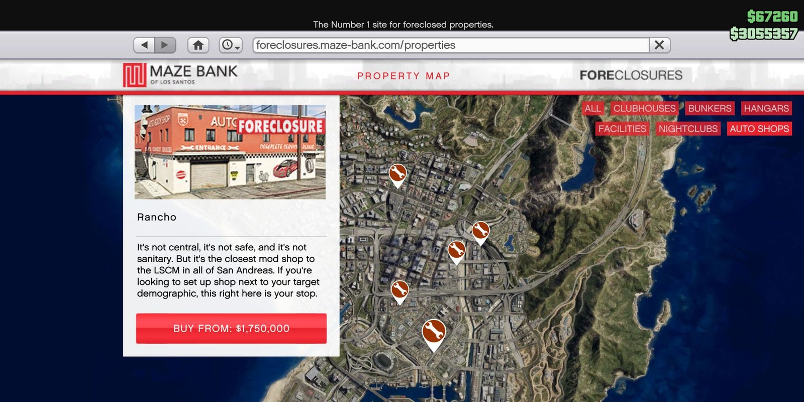 Image depicts a screenshot taken from Maze Bank Foreclosures in Grand Theft Auto Online, showing the location and price of the Rancho Auto Shop. On the left is a white box showing what the location looks like, with the text 'Buy From ,750,000' in a red box underneath.