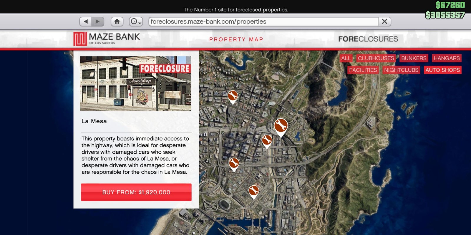 Image depicts a screenshot taken from Maze Bank Foreclosures in Grand Theft Auto Online, showing the location and price of the La Mesa Auto Shop. On the left is a white box showing what the location looks like, with the text 'Buy From ,920,000' in a red box underneath.