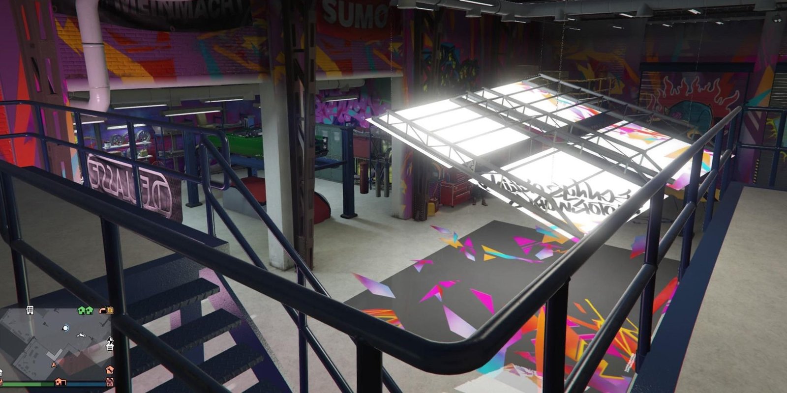 Image depicts the inside of an Auto Shop in Grand Theft Auto Online that has been upgraded with one of the many style options.