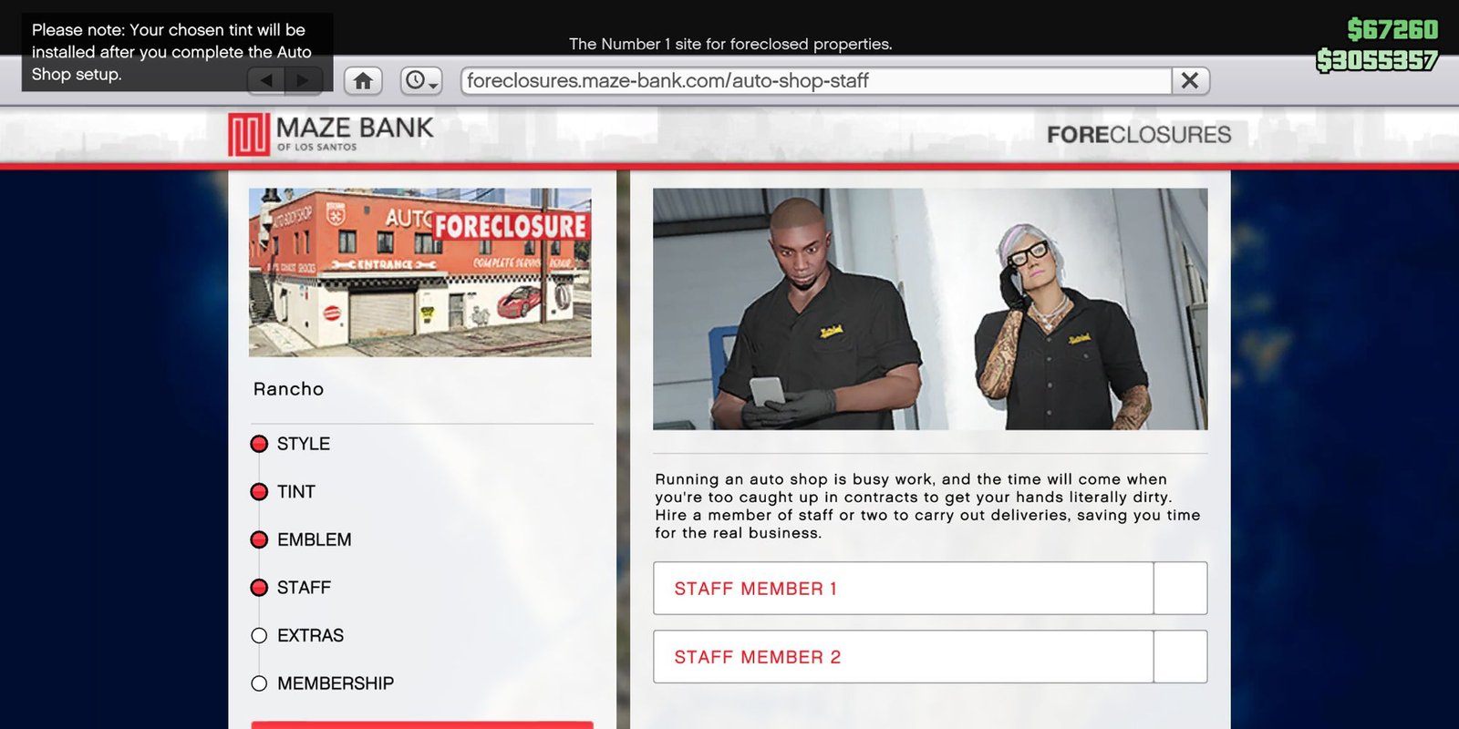 Image depicts the Staff Upgrade Menu on Maze Bank Foreclosures in Grand Theft Auto Online. On the left is a list of all of the upgrades available, and on the right are small rectangles showing a preview of the different staff available for the Auto Shop.