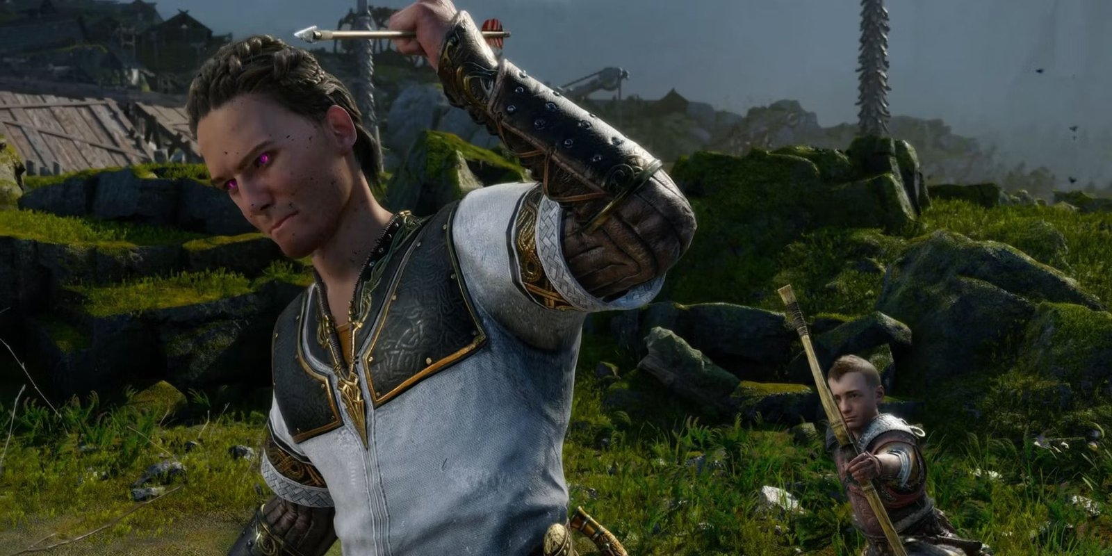 Heimdall catching an arrow fired from Atreus behind him in God of War: Ragnarok