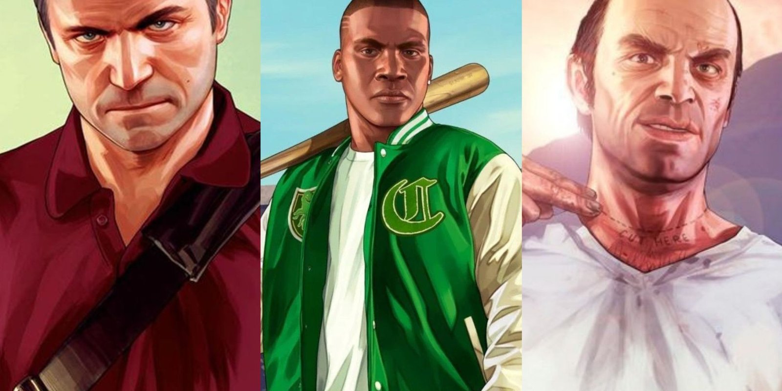 Grand Theft Auto 5 Characters First And Last Lines Split Image of Michael, Franklin, and Trevor