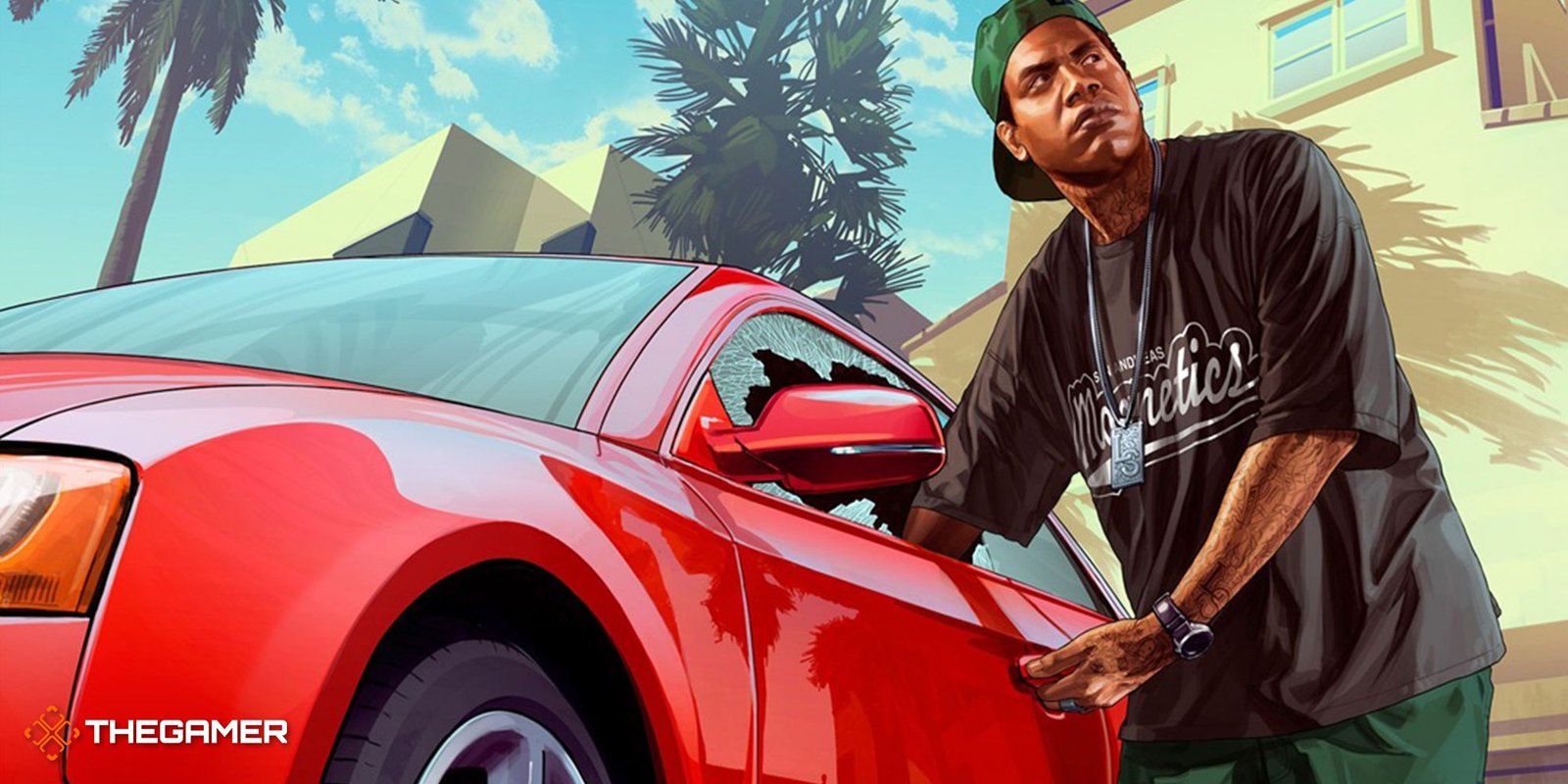 Grand Theft Auto 5 Character breaking through driver's window on a red car