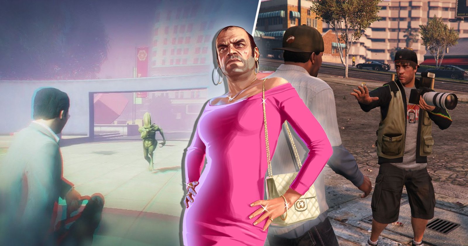 Grand Theft Auto's Trevor Wearing a pink dress with in game screenshots behind him
