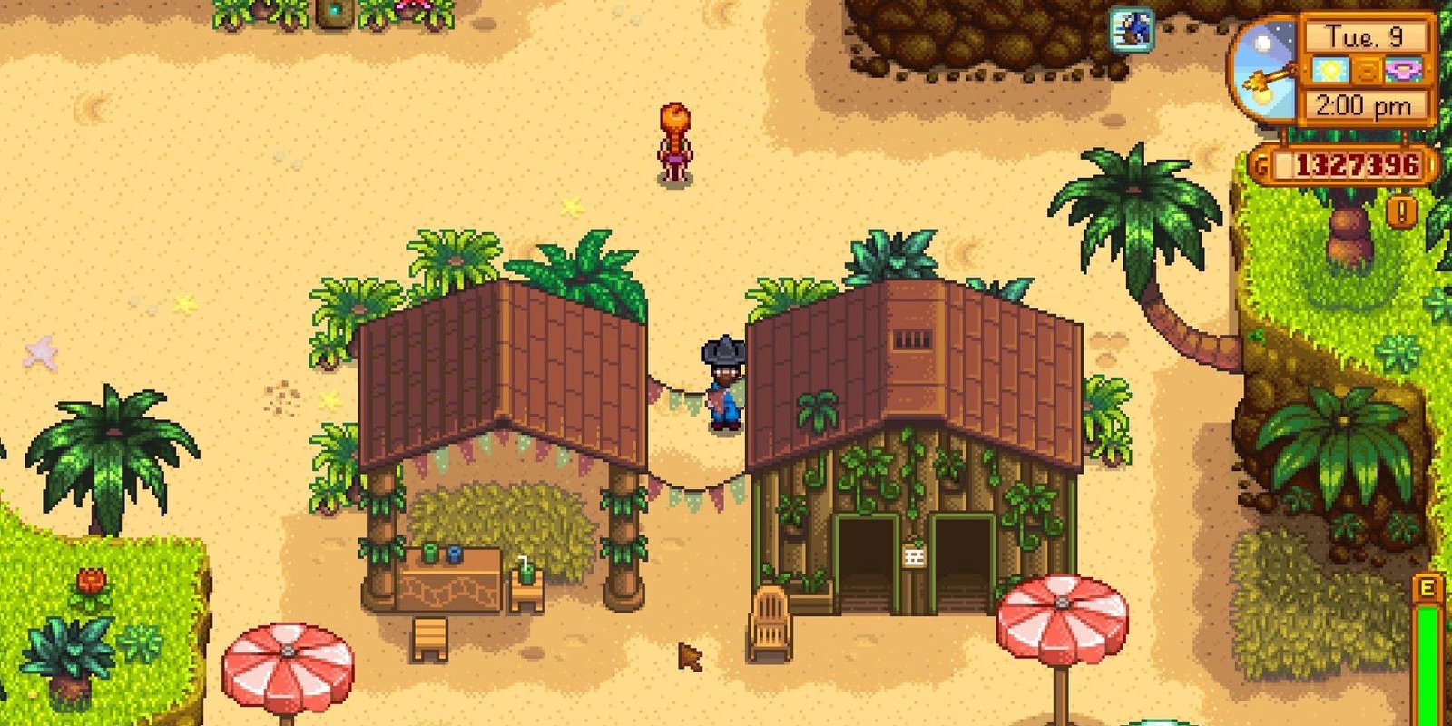player standing at beach resort near bungalos and palm trees in Stardew Valley