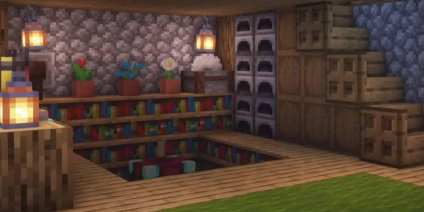 A Minecraft room with flowers on a bookshelf. 