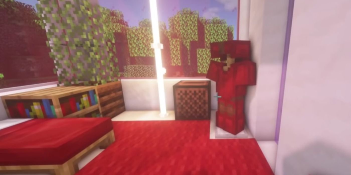 A red Minecraft room with colored glass used. 