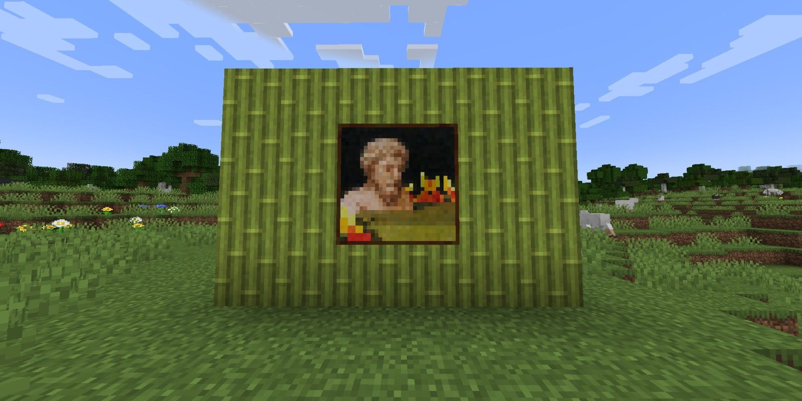 A light green, bamboo wall with a 2x2 painting adorned in the center of it.
