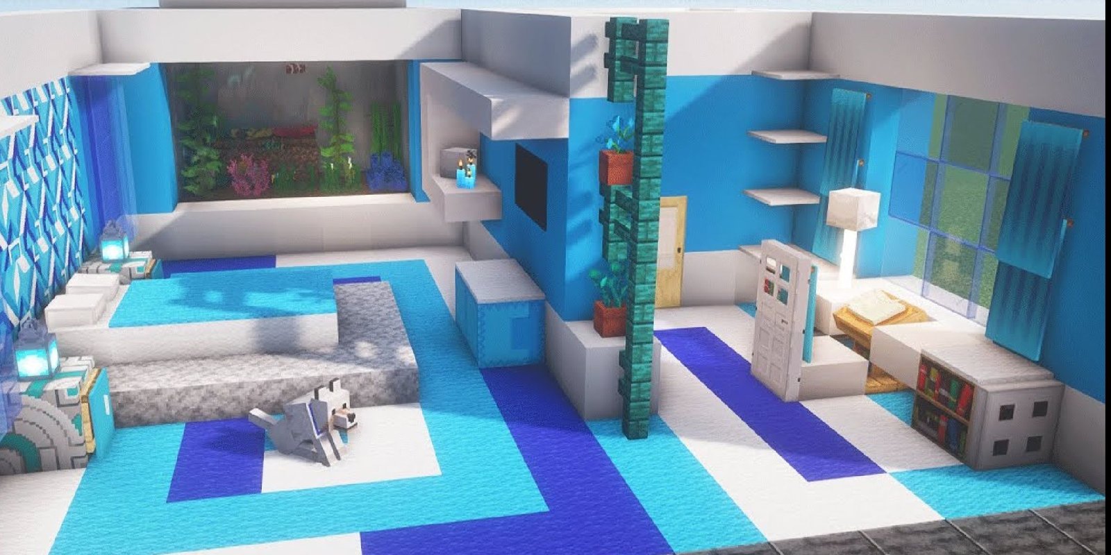 A bedroom in Minecraft with a blue theme.