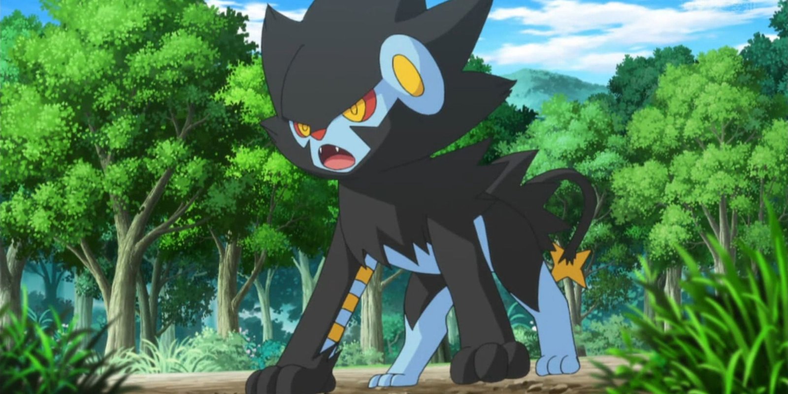 Luxray in a forest in the Pokemon anime.