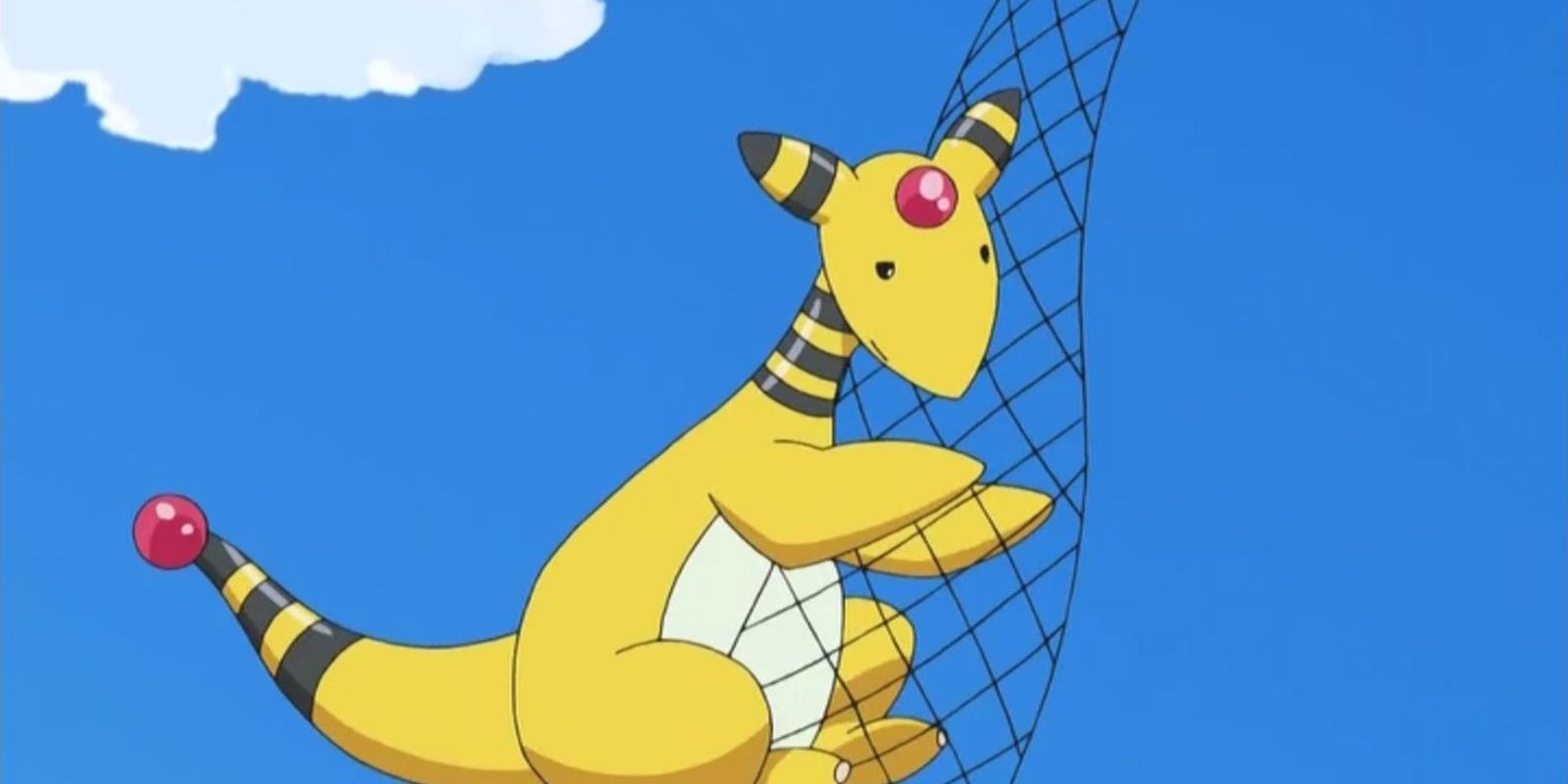 Ampharos holds on to a net in the sky in the Pokemon anime.