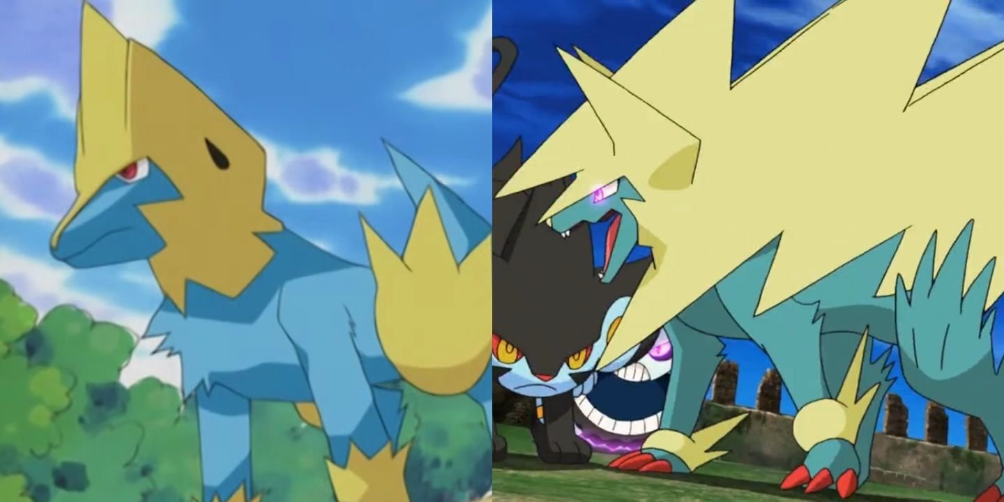 A split image of Manectric and Mega Manectric in the Pokemon anime.