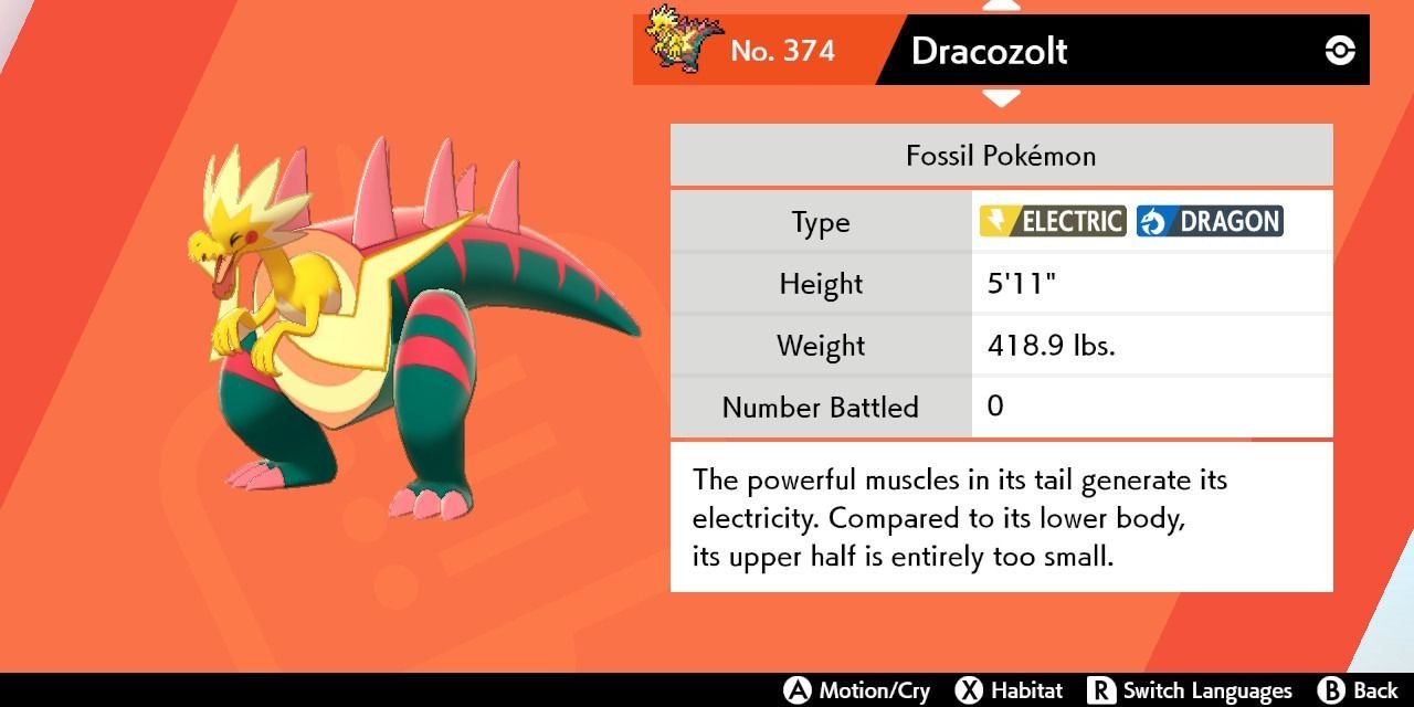 Dracozolt's Pokedex Entry in Pokemon Sword and Shield.