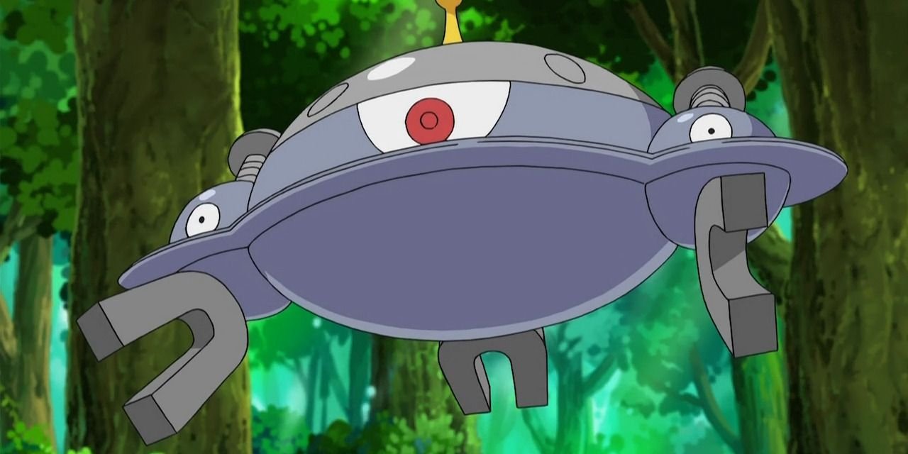 Magnezone floats in the forest in the Pokemon anime.