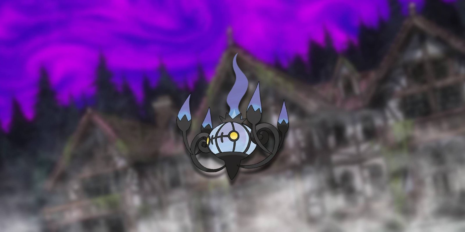 The Pokemon Chandelure before a creepy house.