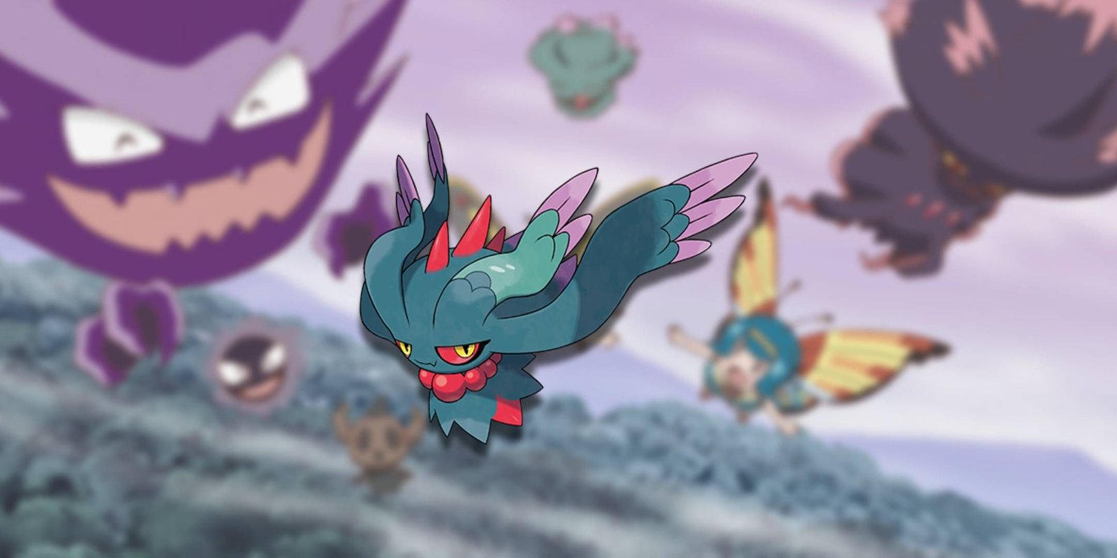 The Pokemon Flutter Mane before some Ghost Pokemon.