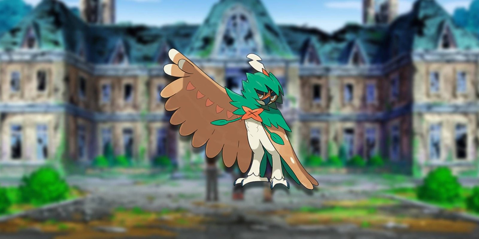 The Pokemon Decidueye before a haunted mansion.