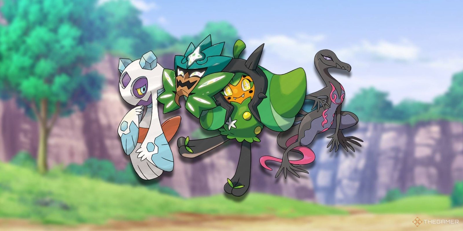 Three gender specific Pokemon, Ogerpon, Salazzle, and Frolass together in Paldea.