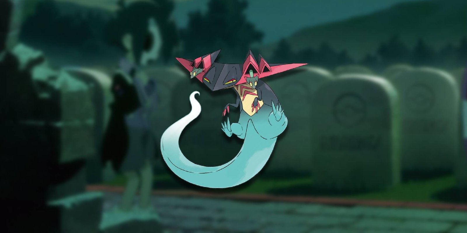 The Pokemon Dragapult in a Cemetary.