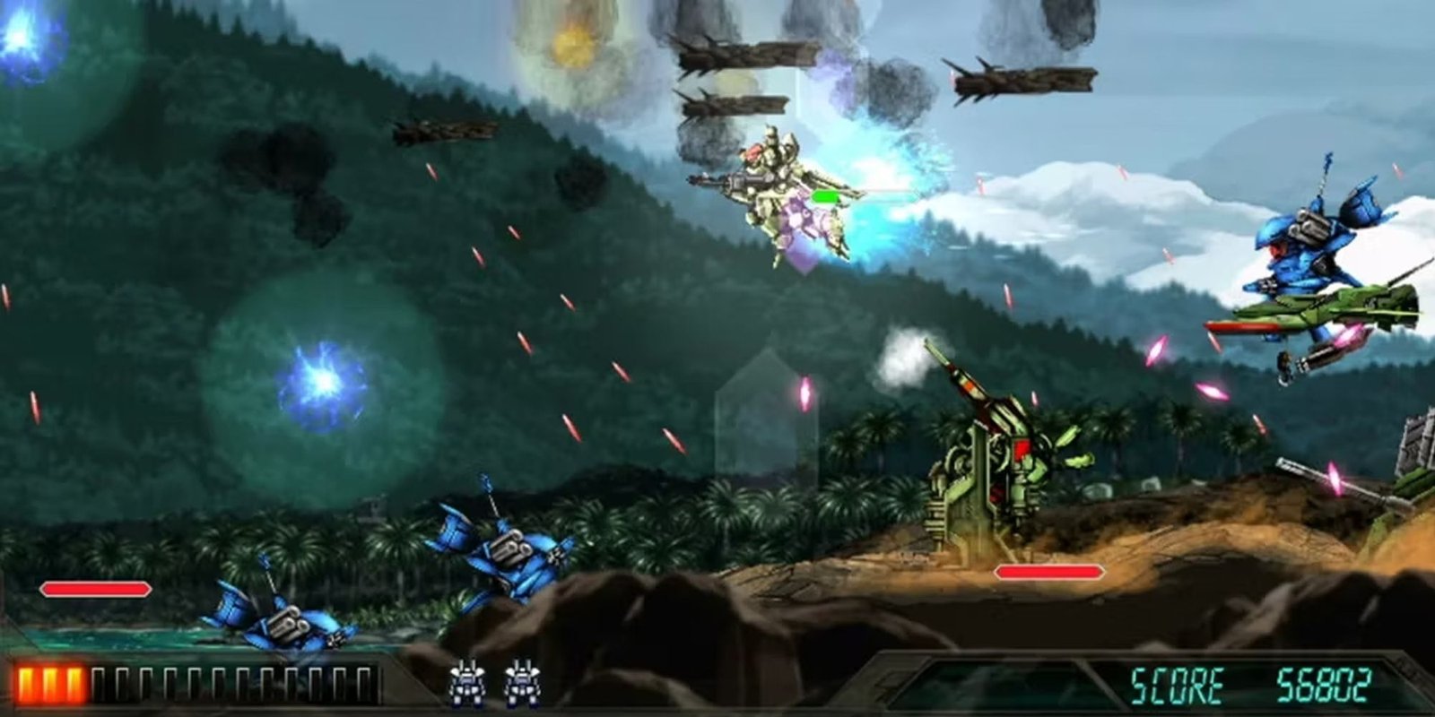 Assault Suit Leynos image showing Mobile Suits Fly Around And Fire At Each Other.