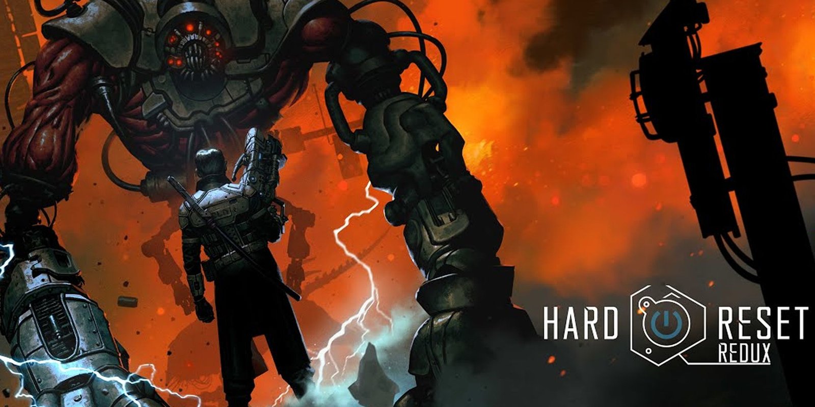 Hard Reset Title Art Showing The Hero Confronting A Mech.