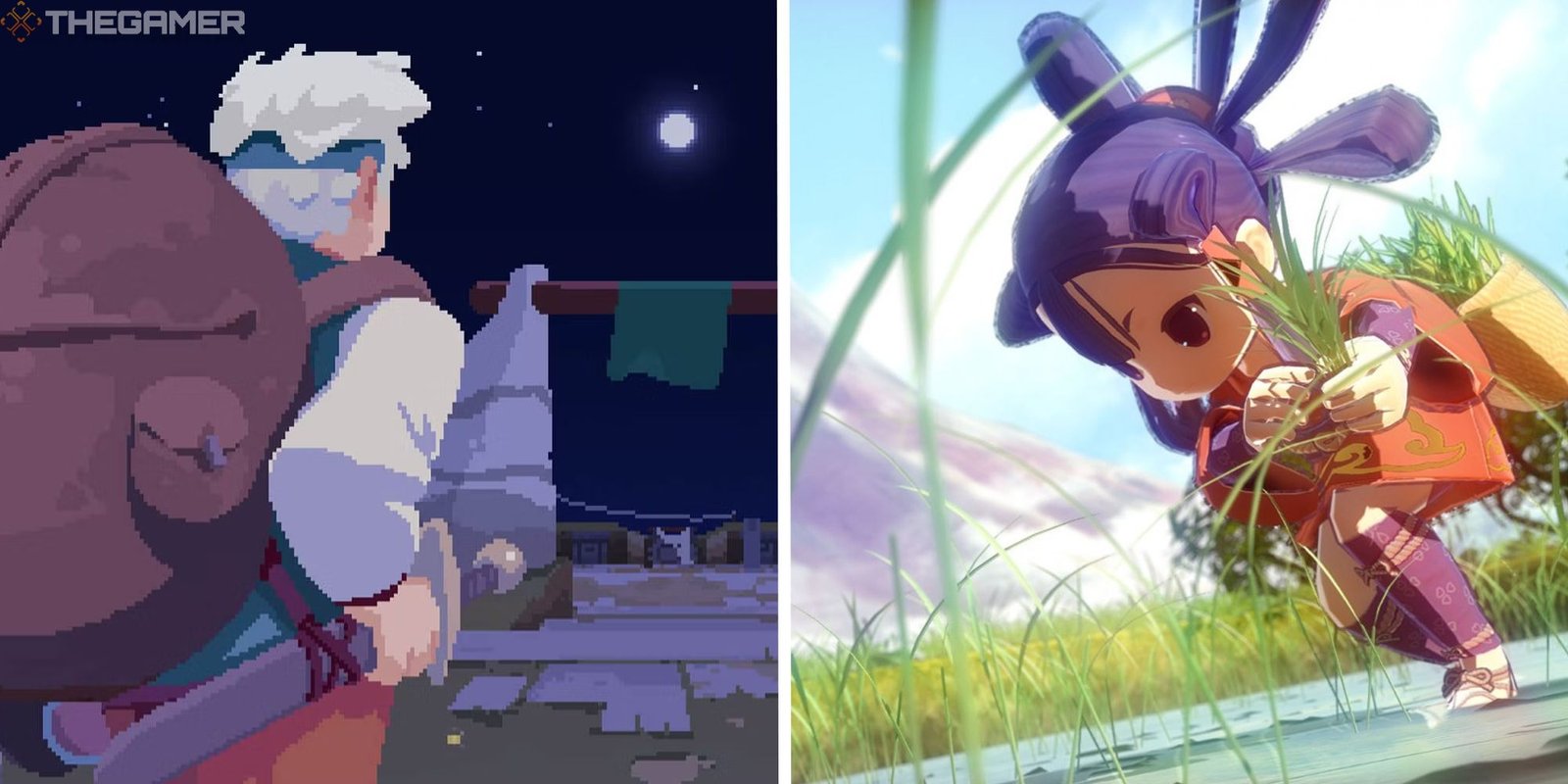 split image showing moonlighter and sakuna of rice and ruin