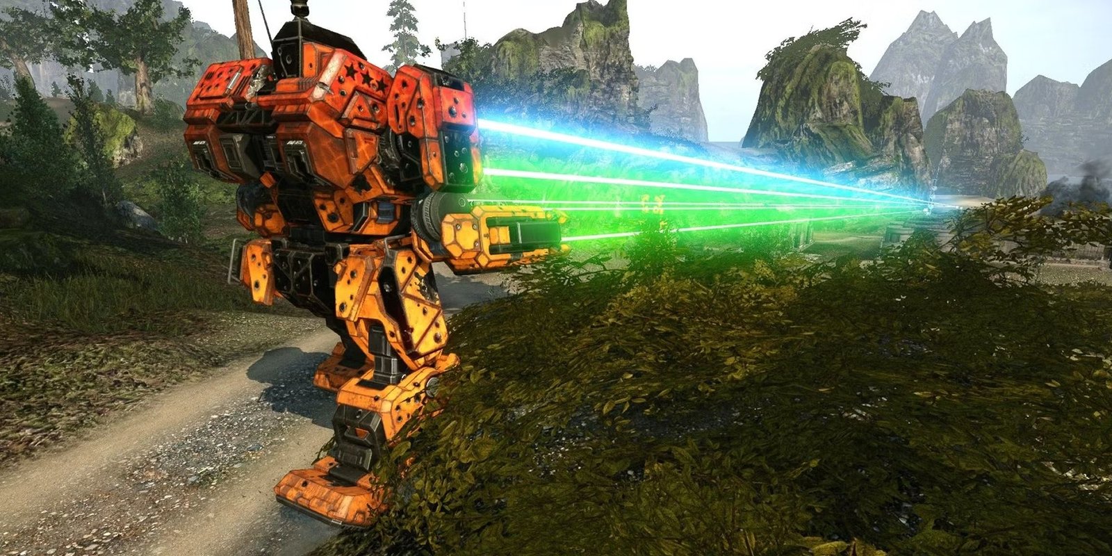 MechWarrior Online image shownig A Mech as it Fires A Laser.