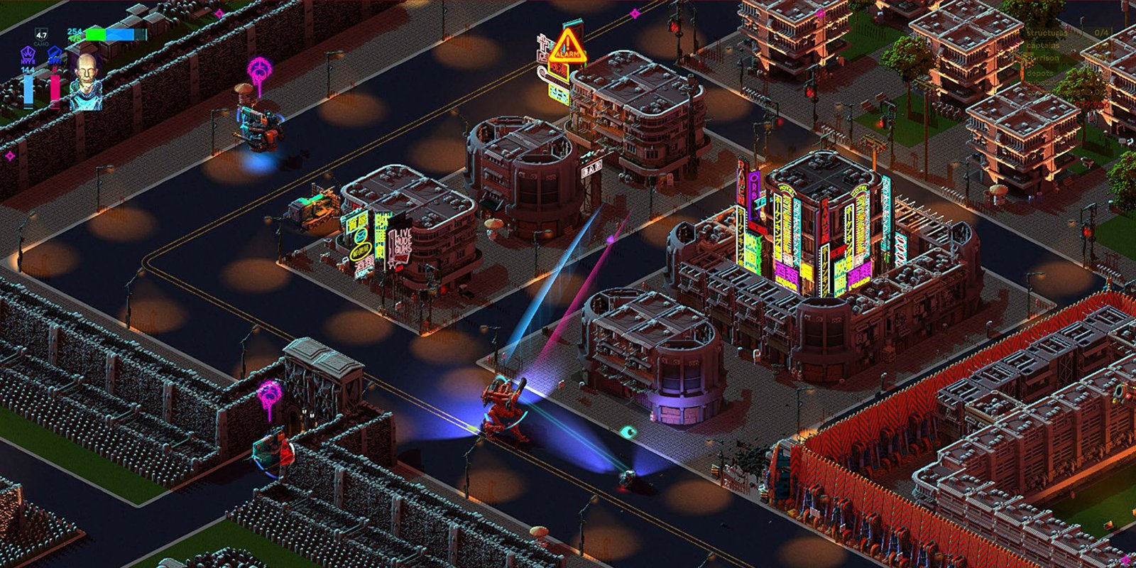 Brigador image showing a mech navigating a city as it prepares to fire.