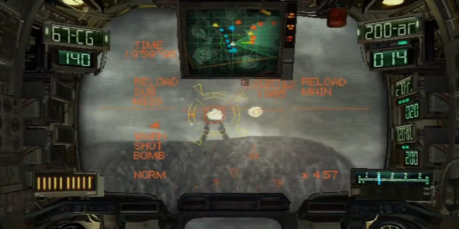 Steel Battalion showing the player Looking At A Mech Through A Visor.