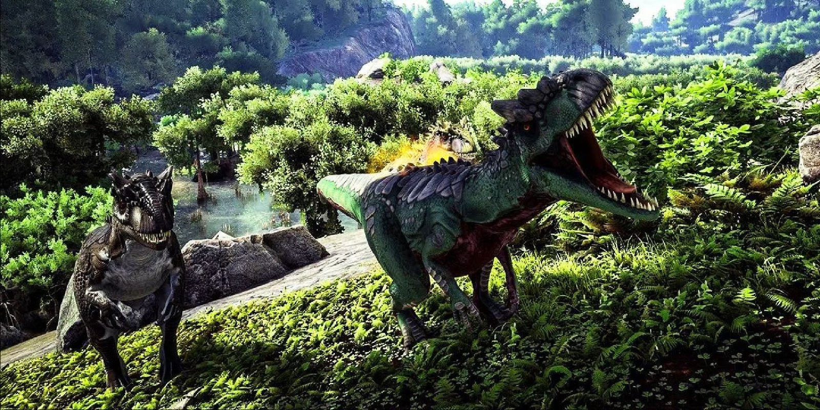 cinematic shot of two hostile dinos