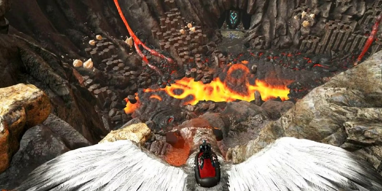 player flying on dino into a volcano