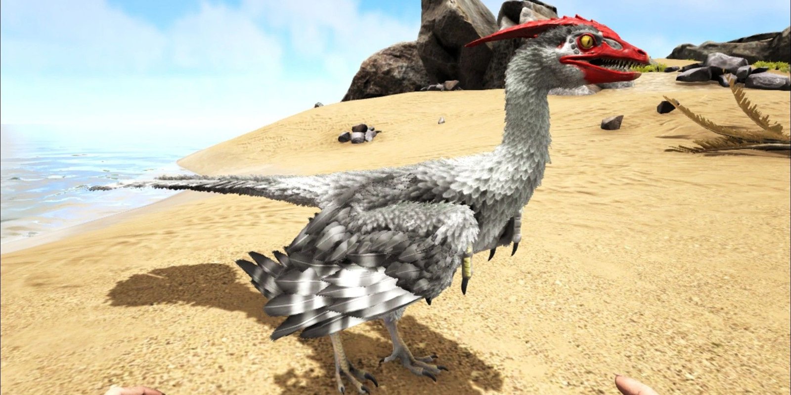 player looking at a microraptor