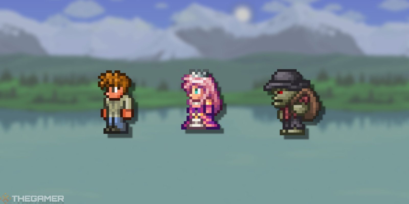 terraria guide, princess, and skeleton merhchant pngs over a blurred background