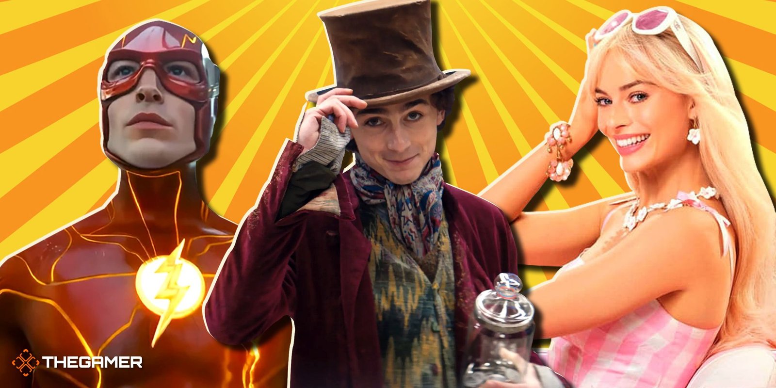 Main characters from Wonka, Barbie, and The Flash on a yellow background