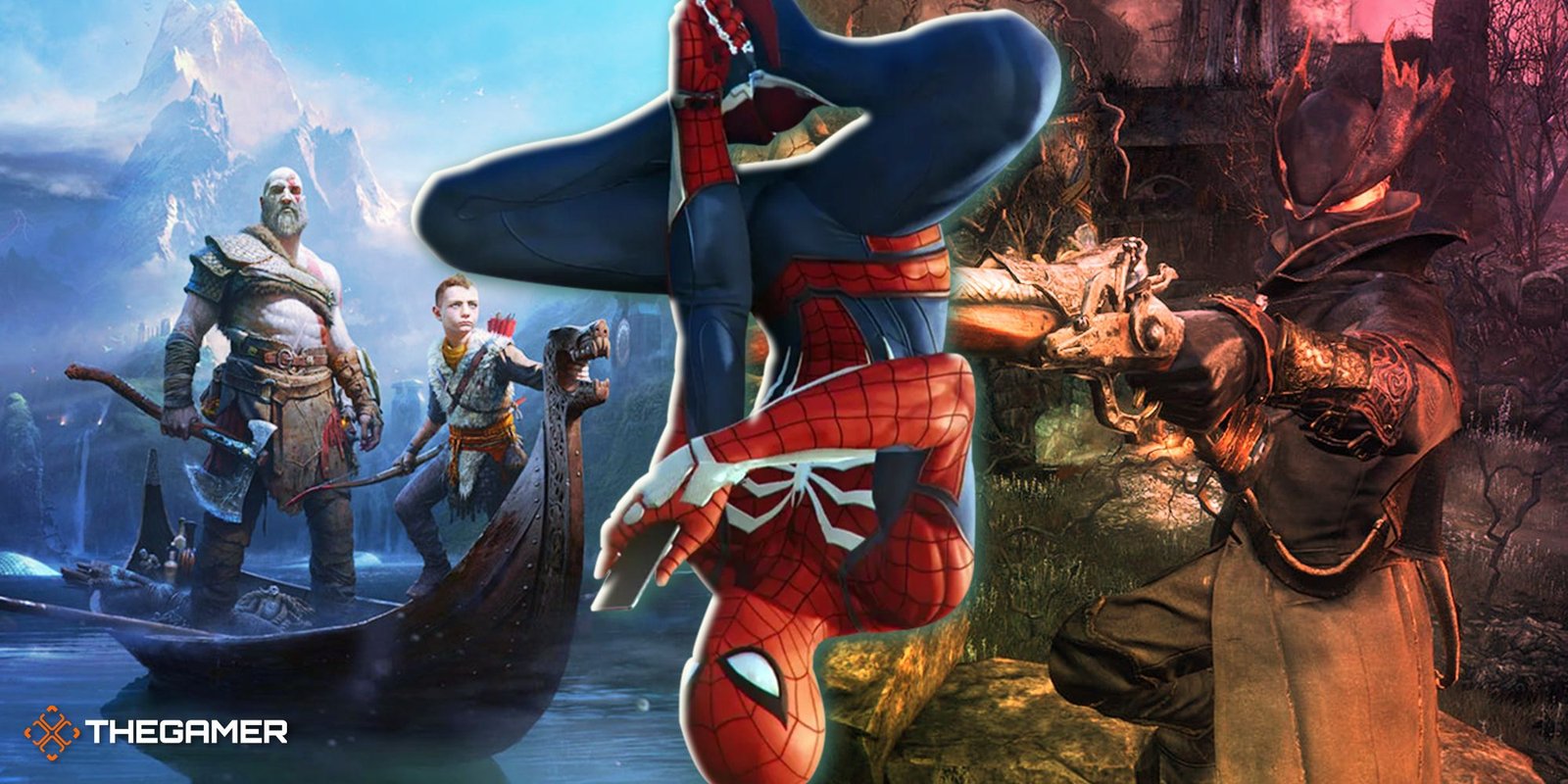 Game art from Marvel's Spider-Man, God Of War (2018) and Bloodborne.