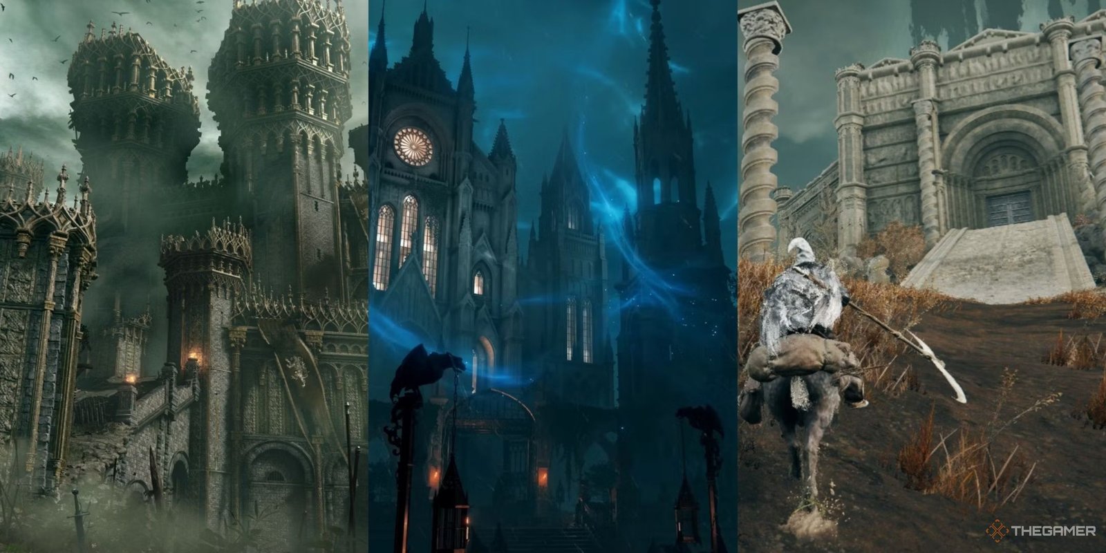 Stormveil in Elden Ring, Raya Lucaria with blue wisp, and a player approaching Belurat in Shadow of the Erdtree.
