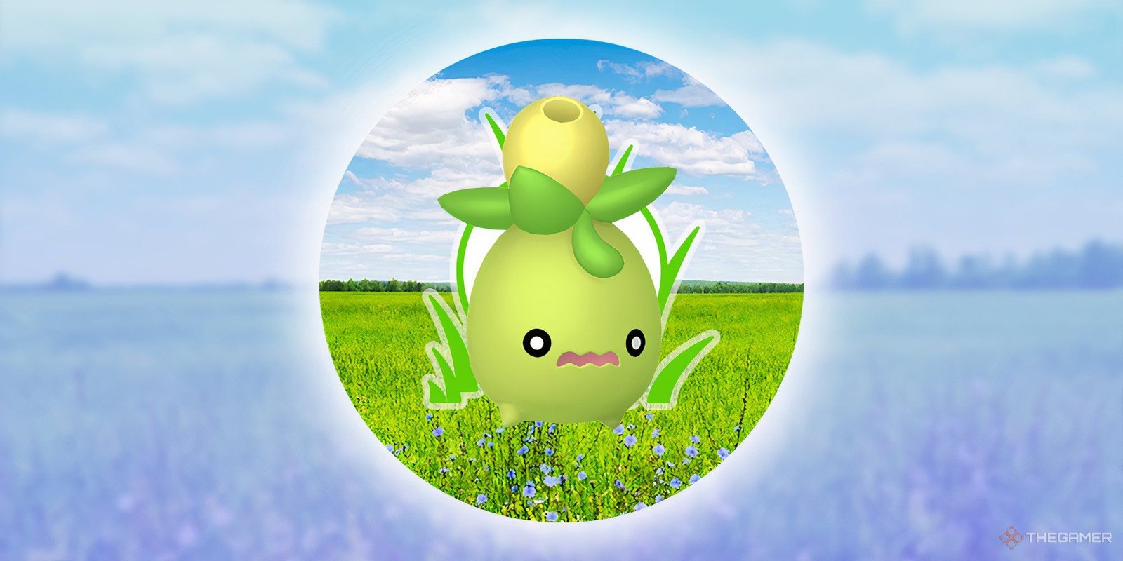 Image of Smoliv with the Pokemon Go wild encounter symbol behind it.