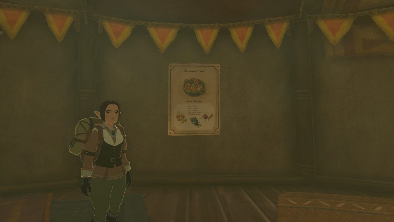 woman in a stable near a recipe poster tears of the kingdom recipe guide all recipes totk recipes